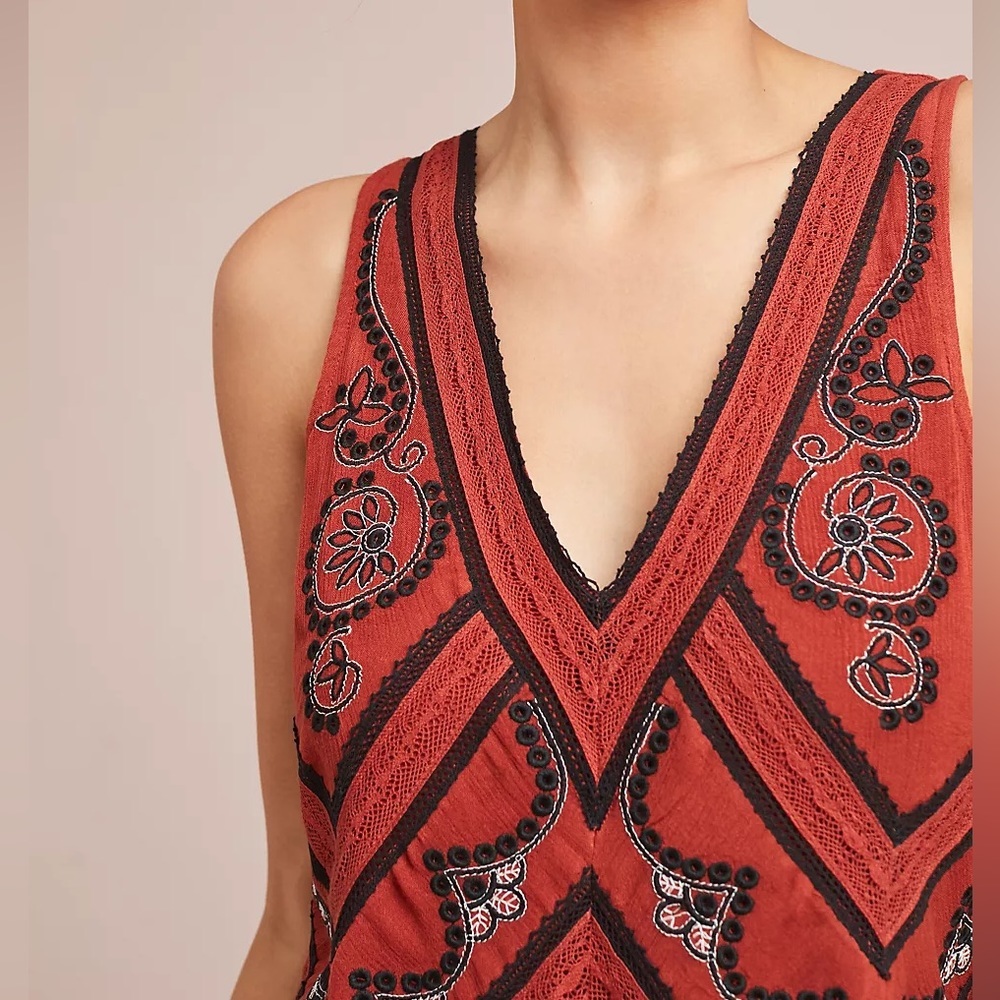Anthropologie Maeve Desert Embroidered Jumpsuit Burnt Orange Red Wide Leg Size 2 - Picture 7 of 11